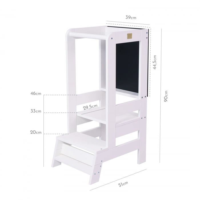 Inaltator Learning Tower Ajustabil cu tabla de scris, Ajutor de bucatarie MeowBaby®, lemn Alb [3]