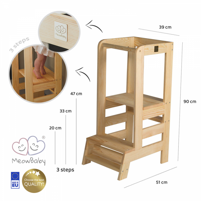 Inaltator Learning Tower Ajustabil, Ajutor de bucatarie MeowBaby®, lemn natur [26]