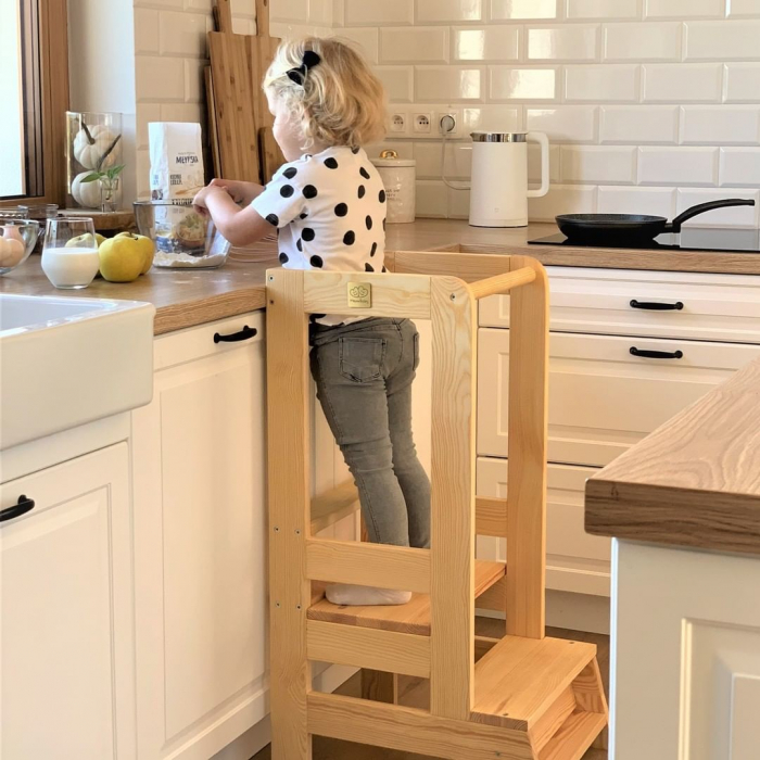 Inaltator Learning Tower Ajustabil, Ajutor de bucatarie MeowBaby®, lemn natur [4]