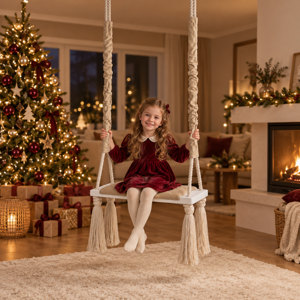 Leagăn copii BabySteps® WoodSwing, lemn, spuma & velvet bej premium, design scandinav, până la 100 kg [2]