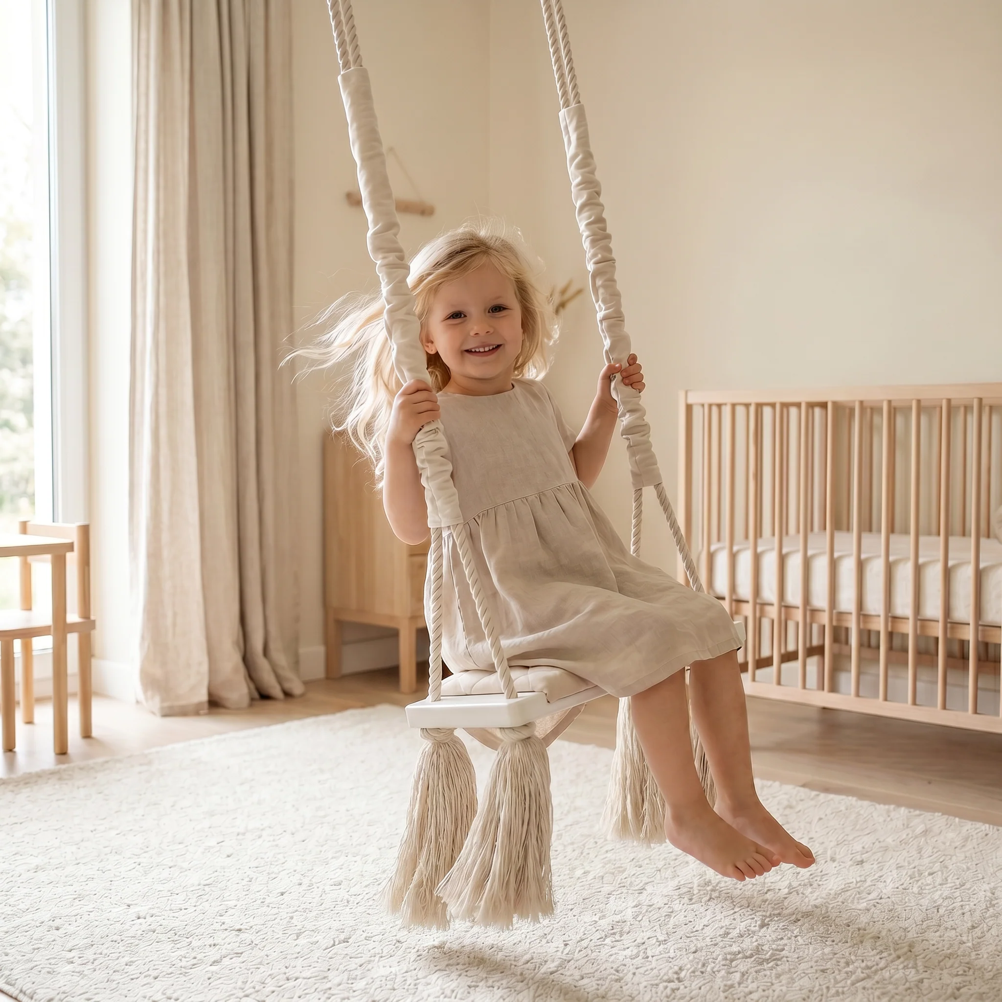 Leagăn copii BabySteps® WoodSwing, lemn, spuma & velvet ecru premium, design scandinav, până la 100 kg [3]