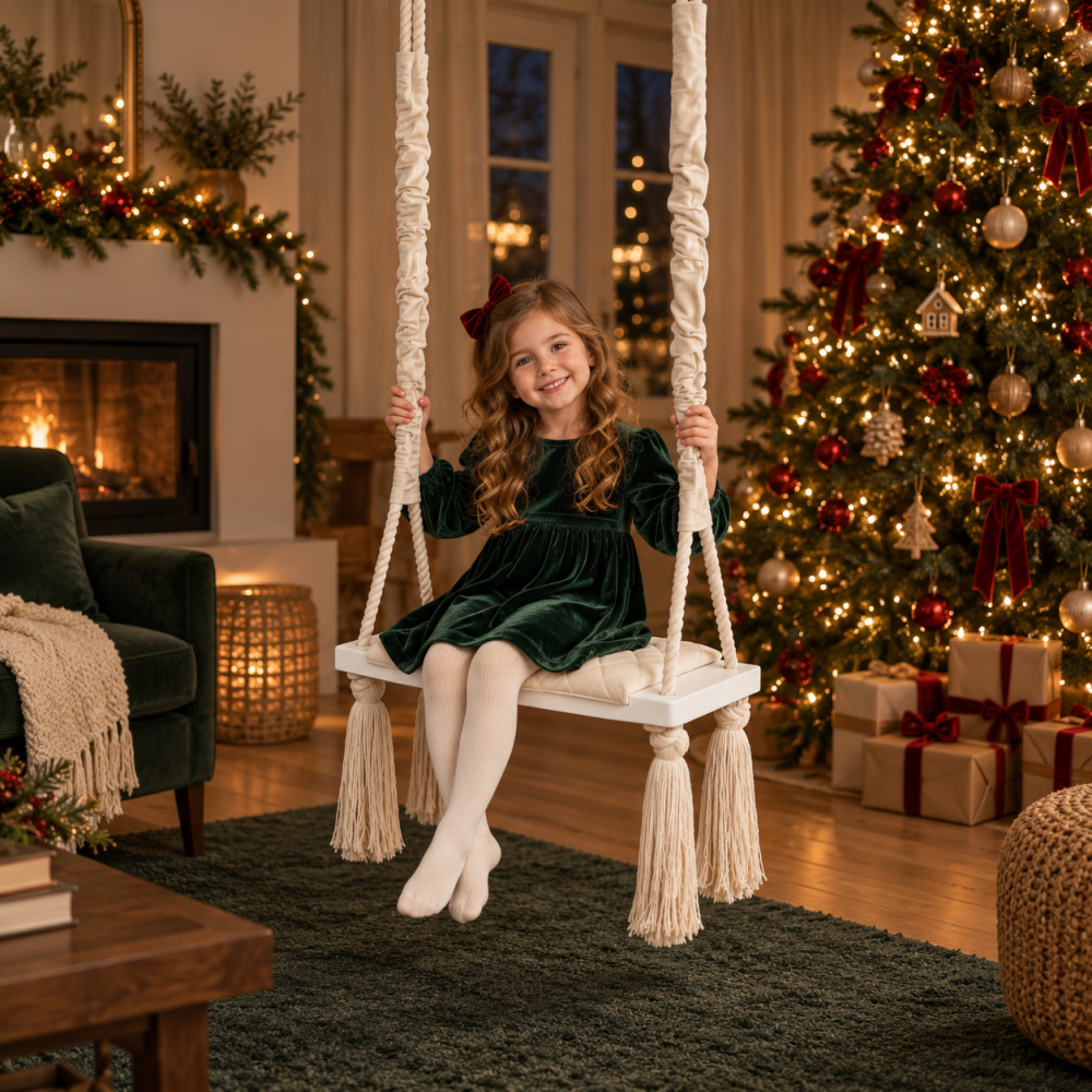 Leagăn copii BabySteps® WoodSwing, lemn, spuma & velvet ecru premium, design scandinav, până la 100 kg [2]