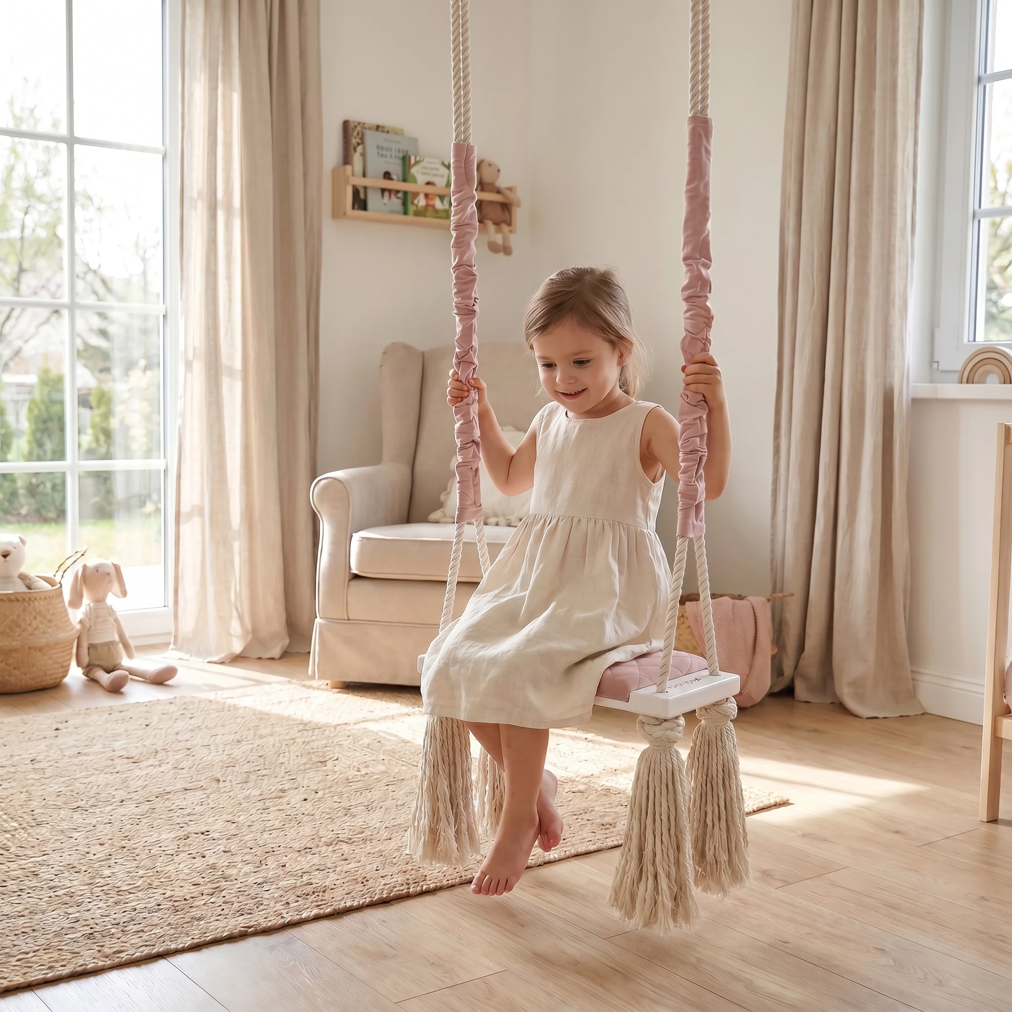 Leagăn copii BabySteps® WoodSwing, lemn, spuma & velvet sepia rose premium, design scandinav, până la 100 kg - BabySteps [4]