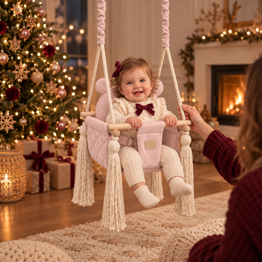 Leagăn de interior pentru bebeluși BabySteps® Sepia Rose 35x35cm cu pernă ursuleț și centuri de siguranță – catifea matlasată roz pudrat, testat Intertek, 6–36 luni [2]