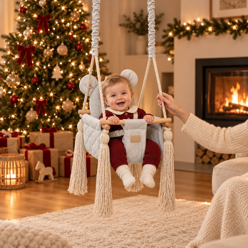 Leagăn de interior pentru bebeluși BabySteps® Light Grey 35x35cm cu pernă ursuleț și centuri de siguranță – catifea matlasată gri deschis, testat Intertek, 6–36 luni [2]