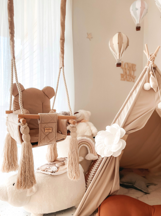 Leagan pentru copii si bebelusi, Catifea Velvet, perna detasabila ursulet Teddy Vintage Beige [6]