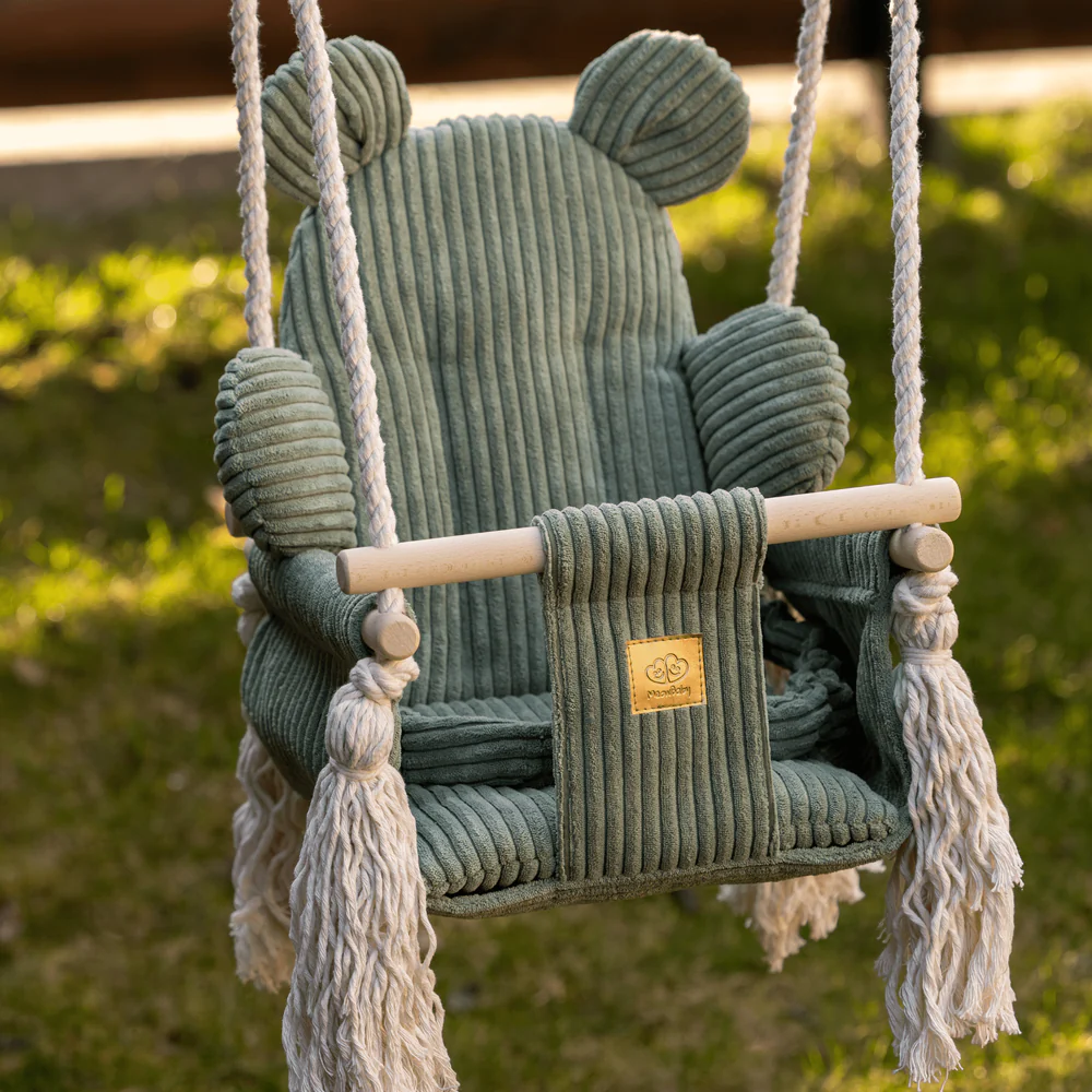 Leagan pentru copii si bebelusi, centuri de siguranta, Catifea reiata, perna ursulet Aesthetic Olive Green, MeowBaby [2]