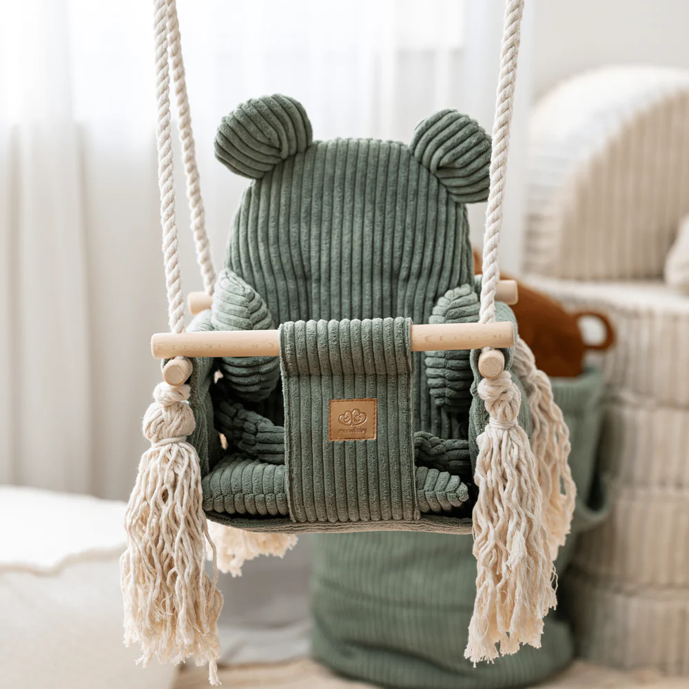 Leagan pentru copii si bebelusi, centuri de siguranta, Catifea reiata, perna ursulet Aesthetic Olive Green, MeowBaby [3]