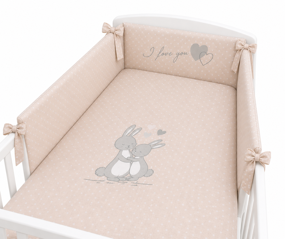 Lenjerie pentru pătuț bebe 3 piese cu protecție laterală Iepuraș, 140x70 cm, Bej – Amy [3]