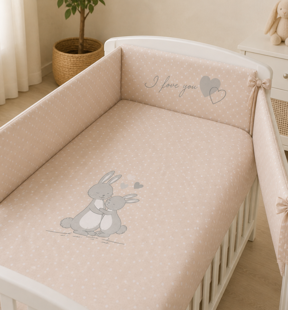 Lenjerie pentru pătuț bebe 3 piese cu protecție laterală Iepuraș, 140x70 cm, Bej – Amy [2]