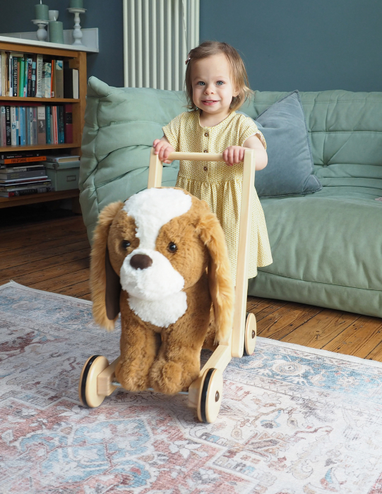 Little Bird Told Me - Peanut Pup Walker, Push Along & Ride On Toy pentru copii de peste 1 an, King Charles Spaniel Caine Pufos pentru copii mici, Cadru robust din lemn, Scaun căptusit [6]