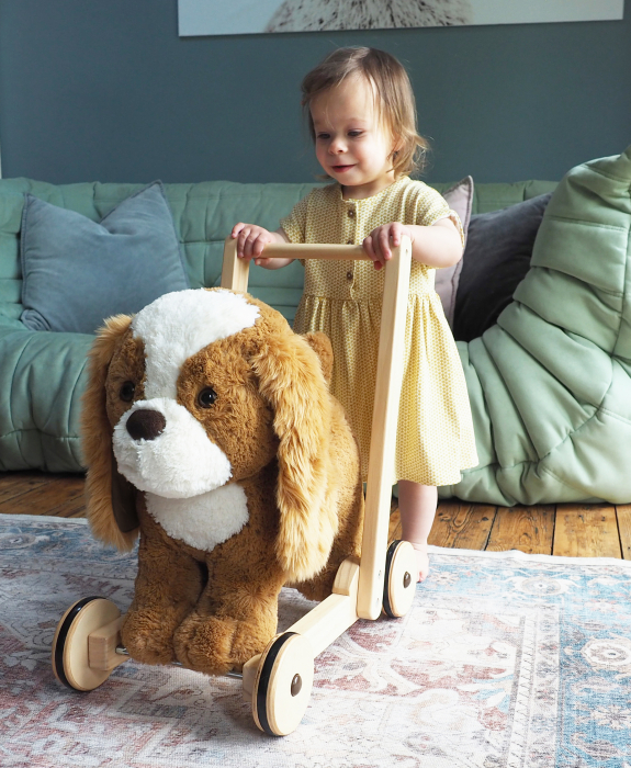 Little Bird Told Me - Peanut Pup Walker, Push Along & Ride On Toy pentru copii de peste 1 an, King Charles Spaniel Caine Pufos pentru copii mici, Cadru robust din lemn, Scaun căptusit [2]
