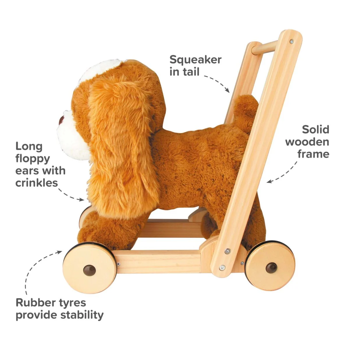 Little Bird Told Me - Peanut Pup Walker, Push Along & Ride On Toy pentru copii de peste 1 an, King Charles Spaniel Caine Pufos pentru copii mici, Cadru robust din lemn, Scaun căptusit [18]