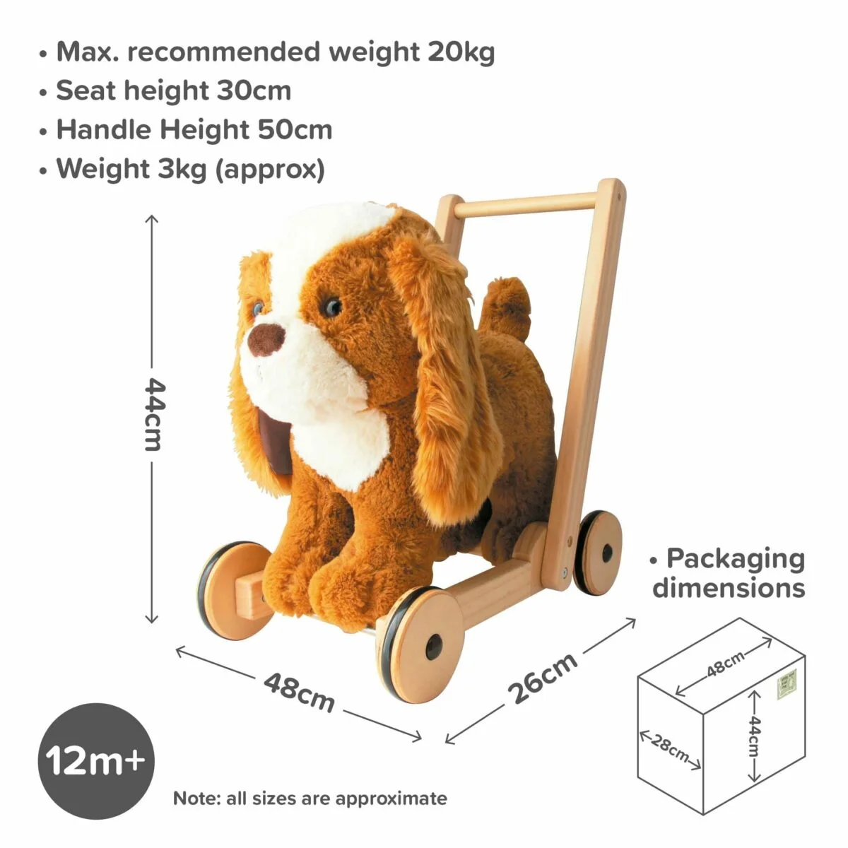 Little Bird Told Me - Peanut Pup Walker, Push Along & Ride On Toy pentru copii de peste 1 an, King Charles Spaniel Caine Pufos pentru copii mici, Cadru robust din lemn, Scaun căptusit [19]