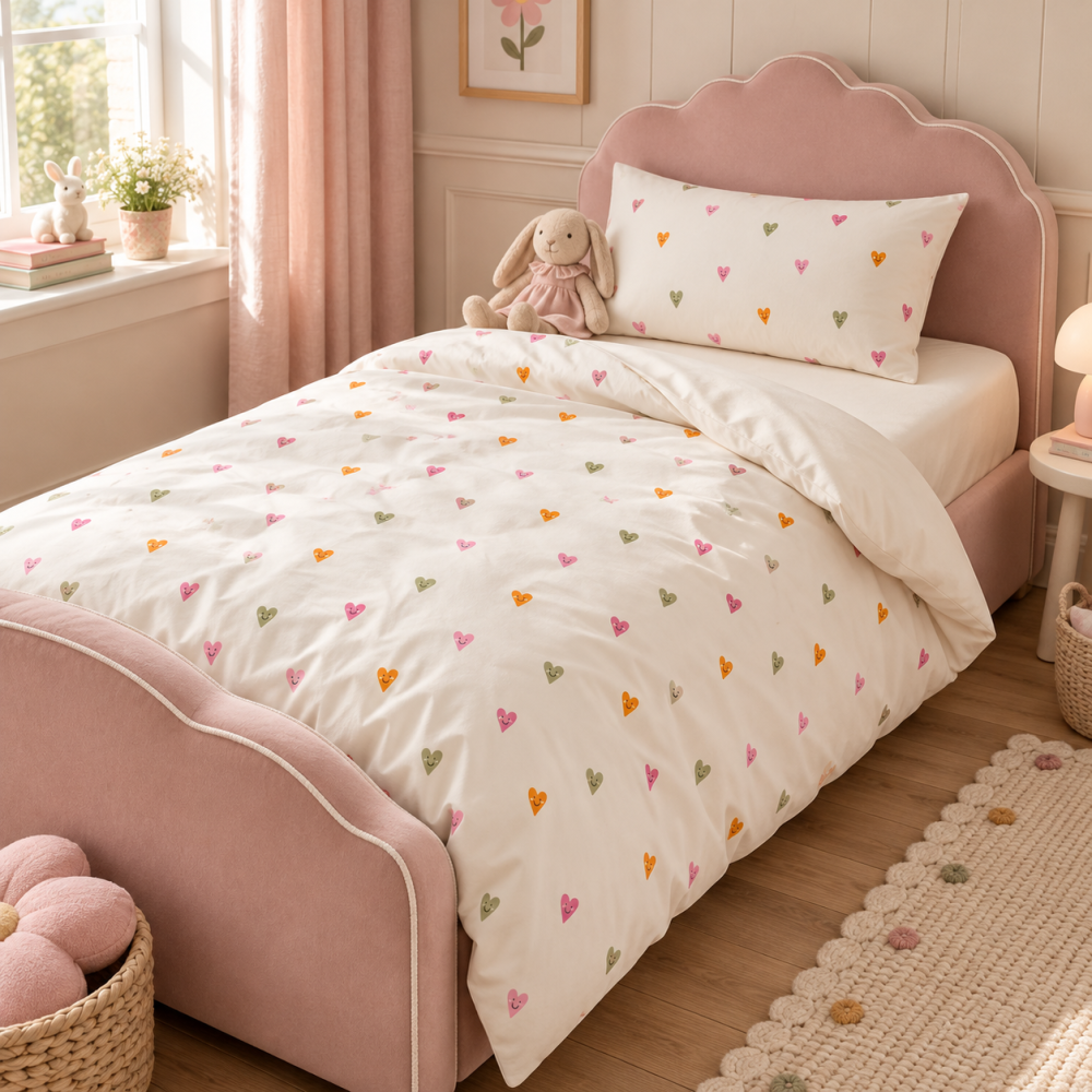 Magic Kids Set Husă Pilotă 100x135cm și Față de Pernă 40x60cm, 100% Bumbac Oeko-Tex, Imprimeu Inimi, Reversibil, pentru Pătuț 140x70cm [5]