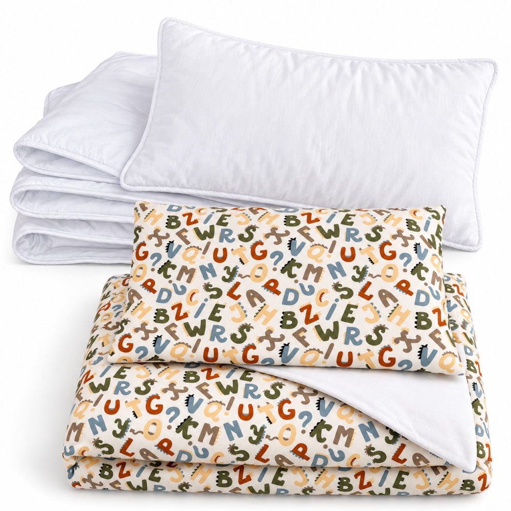 Magic Kids Set Husă Pilotă 100x135cm și Față de Pernă 40x60cm, 100% Bumbac Oeko-Tex, Imprimeu Litere, Reversibil, pentru Pătuț 140x70cm [9]