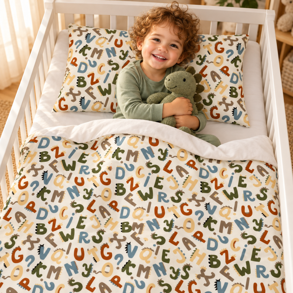 Magic Kids Set Husă Pilotă 100x135cm și Față de Pernă 40x60cm, 100% Bumbac Oeko-Tex, Imprimeu Litere, Reversibil, pentru Pătuț 140x70cm [4]
