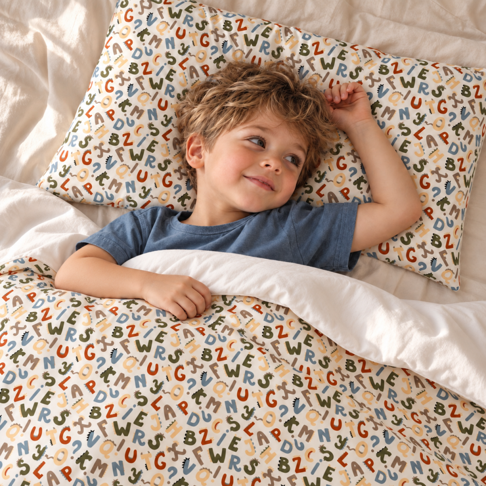 Magic Kids Set Husă Pilotă 100x135cm și Față de Pernă 40x60cm, 100% Bumbac Oeko-Tex, Imprimeu Litere, Reversibil, pentru Pătuț 140x70cm [6]