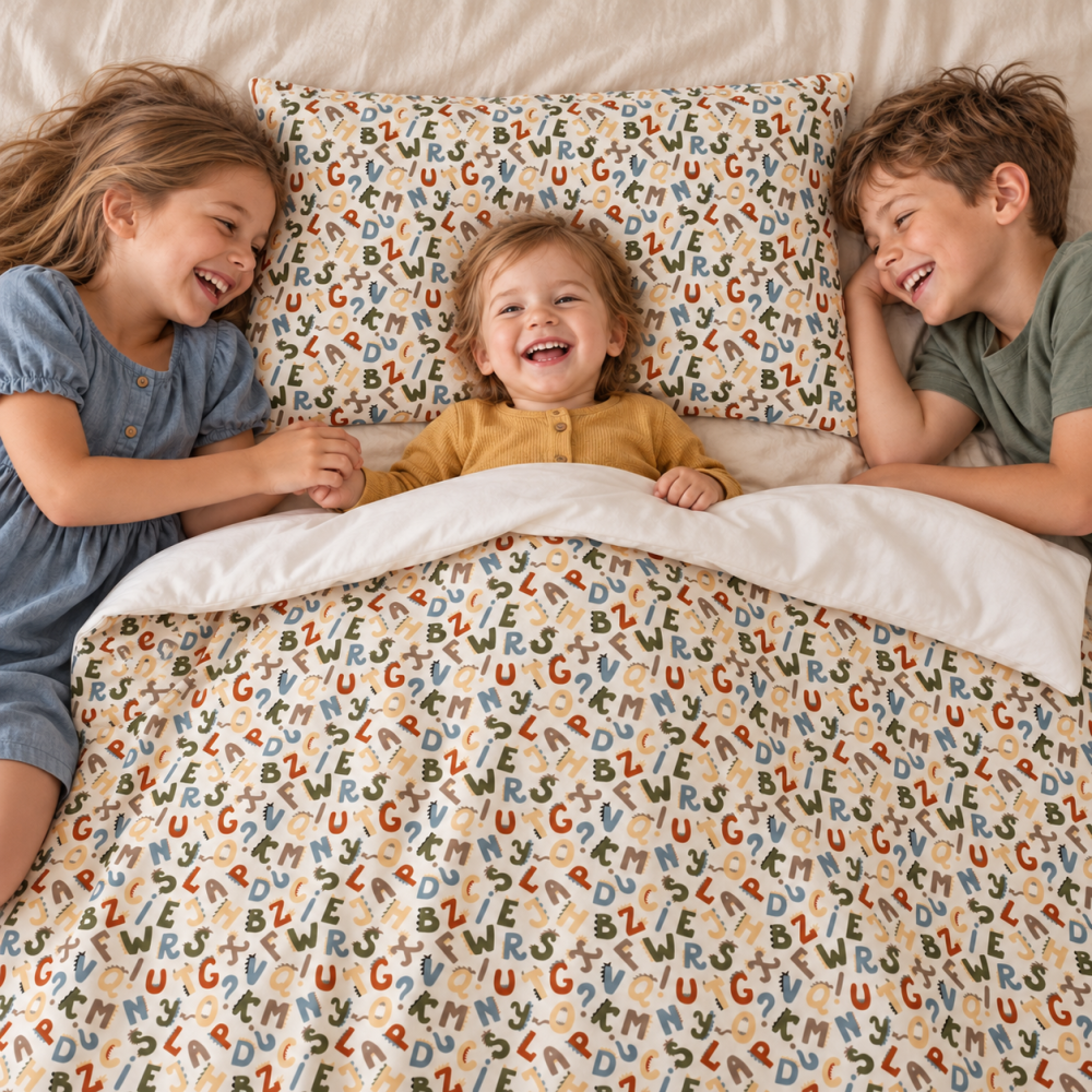 Magic Kids Set Husă Pilotă 100x135cm și Față de Pernă 40x60cm, 100% Bumbac Oeko-Tex, Imprimeu Litere, Reversibil, pentru Pătuț 140x70cm [2]