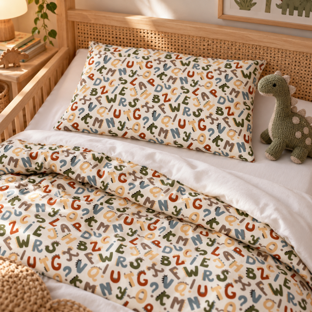 Magic Kids Set Husă Pilotă 100x135cm și Față de Pernă 40x60cm, 100% Bumbac Oeko-Tex, Imprimeu Litere, Reversibil, pentru Pătuț 140x70cm [7]