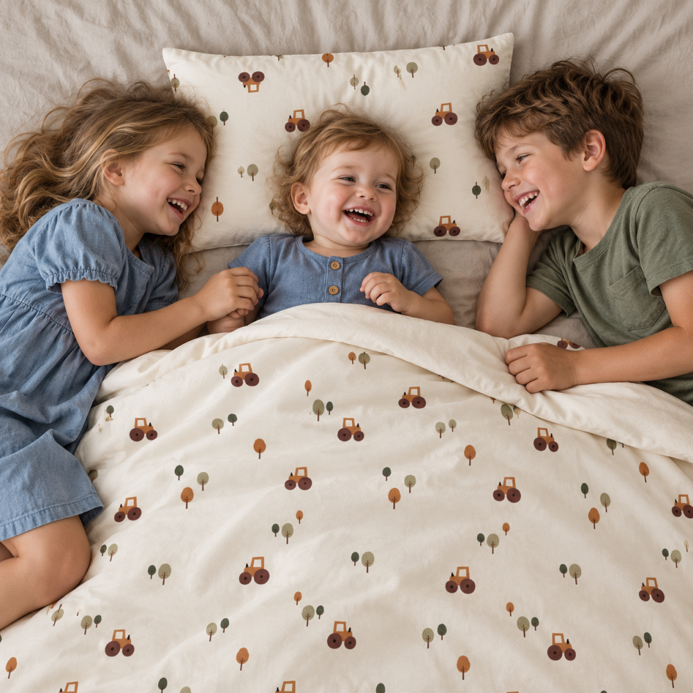 Magic Kids Set Husă Pilotă 100x135cm și Față de Pernă 40x60cm, 100% Bumbac Oeko-Tex, Imprimeu Tractoare, Reversibil, pentru Pătuț 140x70cm [6]