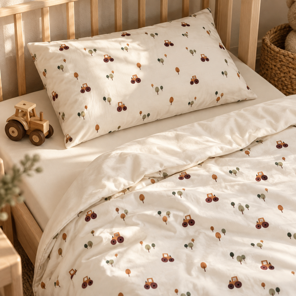Magic Kids Set Husă Pilotă 100x135cm și Față de Pernă 40x60cm, 100% Bumbac Oeko-Tex, Imprimeu Tractoare, Reversibil, pentru Pătuț 140x70cm [2]