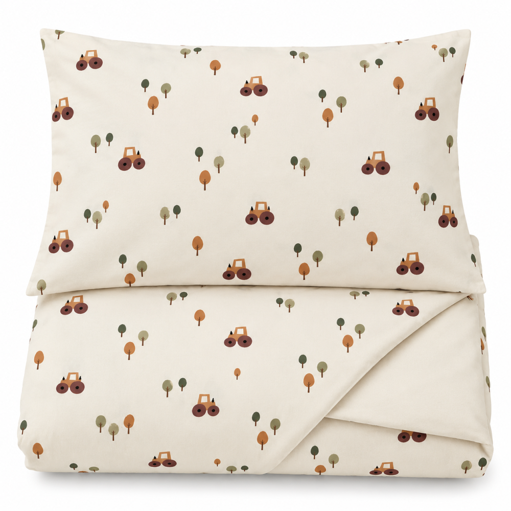 Magic Kids Set Husă Pilotă 100x135cm și Față de Pernă 40x60cm, 100% Bumbac Oeko-Tex, Imprimeu Tractoare, Reversibil, pentru Pătuț 140x70cm [10]