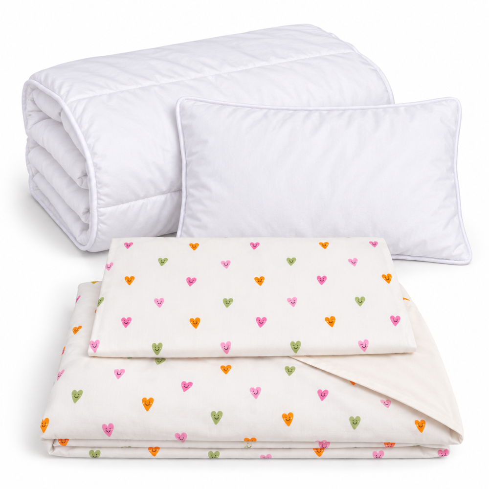 Magic Kids Set Husă Pilotă 100x135cm și Față de Pernă 40x60cm, 100% Bumbac Oeko-Tex, Imprimeu Inimi, Reversibil, pentru Pătuț 140x70cm [15]