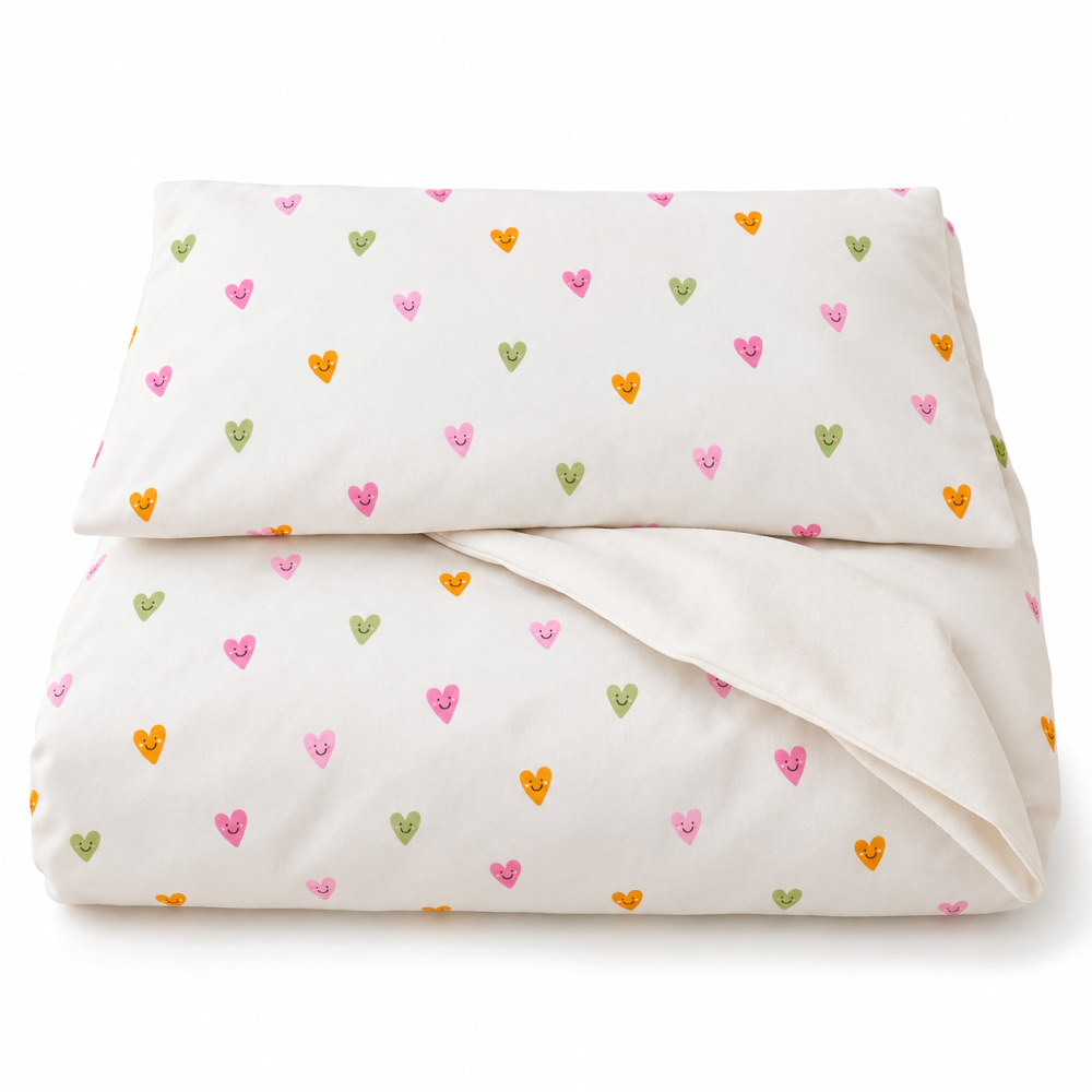 Magic Kids Set Husă Pilotă 100x135cm și Față de Pernă 40x60cm, 100% Bumbac Oeko-Tex, Imprimeu Inimi, Reversibil, pentru Pătuț 140x70cm [14]
