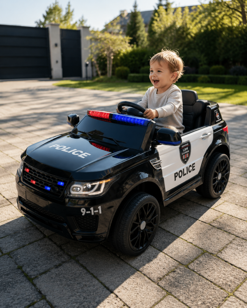 Mașină Electrică Poliție 12V pentru Copii, Negru – Telecomandă 2.4G, Girofar și Sirenă, Scaun Piele | 3-5 Ani [2]