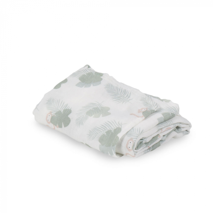 Muselina din bumbac si bambus, Scutec sau paturica multifunctionala, Monstera Monkey Hunter Mint, 120 x 120 cm [2]