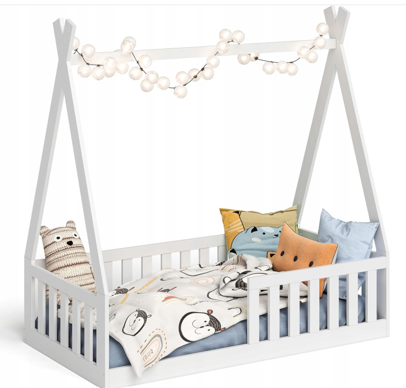 Pat Copii TIPI 140x70cm Alb din Lemn Masiv de Pin – Design Scandinav Căsuță, Montaj Direct pe Podea, cu Somieră | Sarcină Max 110kg [4]