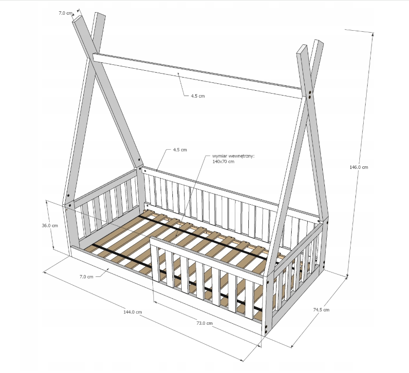 Pat Copii TIPI 140x70cm Alb din Lemn Masiv de Pin – Design Scandinav Căsuță, Montaj Direct pe Podea, cu Somieră | Sarcină Max 110kg [8]