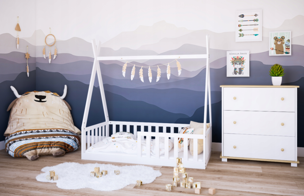Pat Copii TIPI 140x70cm Alb din Lemn Masiv de Pin – Design Scandinav Căsuță, Montaj Direct pe Podea, cu Somieră | Sarcină Max 110kg [3]