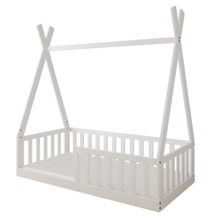 Pat Copii TIPI 140x70cm Alb din Lemn Masiv de Pin – Design Scandinav Căsuță, Montaj Direct pe Podea, cu Somieră | Sarcină Max 110kg [5]