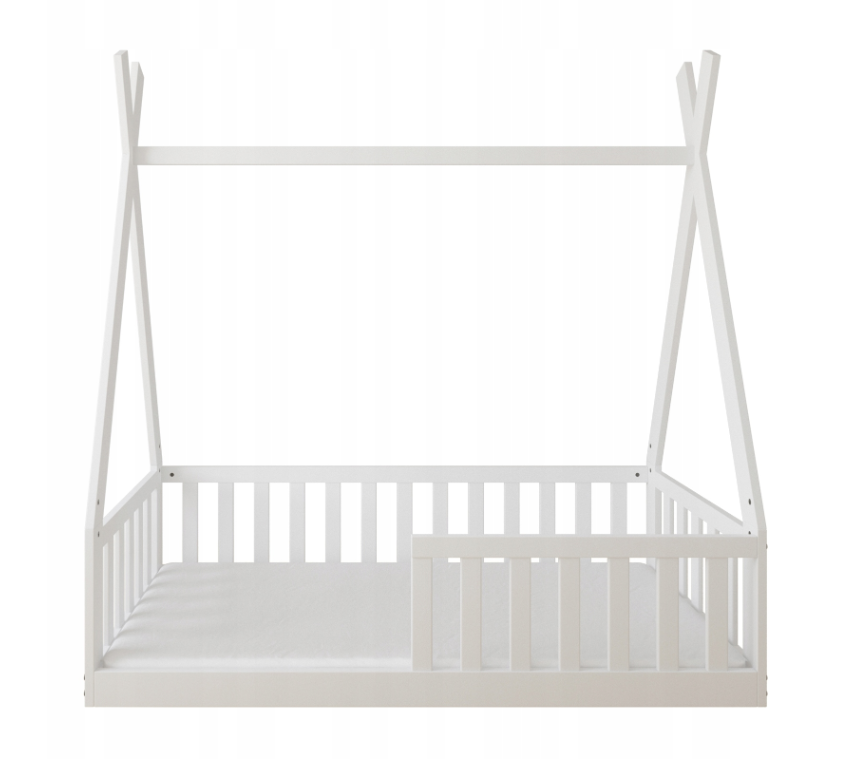 Pat Copii TIPI 140x70cm Alb din Lemn Masiv de Pin – Design Scandinav Căsuță, Montaj Direct pe Podea, cu Somieră | Sarcină Max 110kg [7]