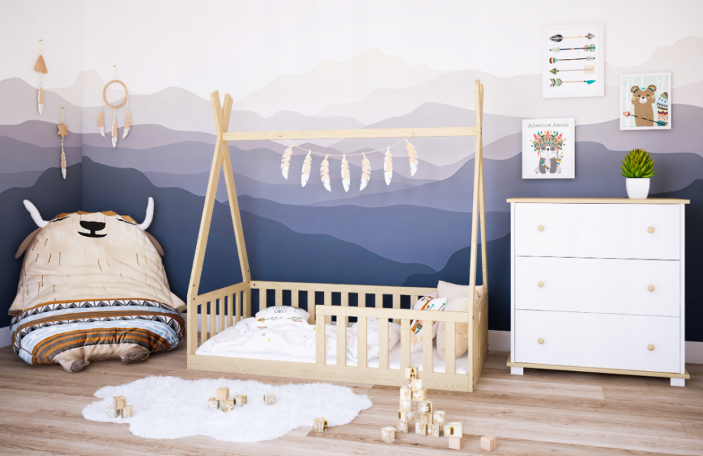 Pat Copii TIPI 140x70cm natur din Lemn Masiv de Pin – Design Scandinav Căsuță, Montaj Direct pe Podea, cu Somieră | Sarcină Max 110kg [2]