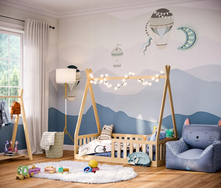 Pat Copii TIPI 140x70cm natur din Lemn Masiv de Pin – Design Scandinav Căsuță, Montaj Direct pe Podea, cu Somieră | Sarcină Max 110kg [3]