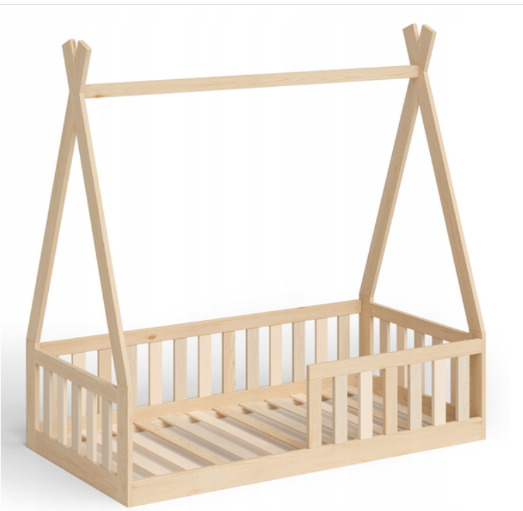 Pat Copii TIPI 140x70cm natur din Lemn Masiv de Pin – Design Scandinav Căsuță, Montaj Direct pe Podea, cu Somieră | Sarcină Max 110kg [5]