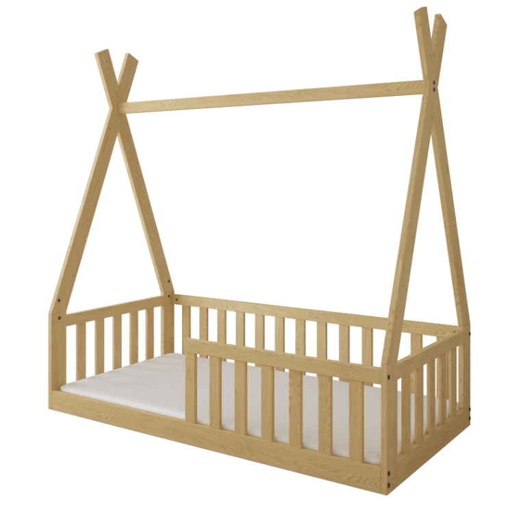 Pat Copii TIPI 140x70cm natur din Lemn Masiv de Pin – Design Scandinav Căsuță, Montaj Direct pe Podea, cu Somieră | Sarcină Max 110kg [7]