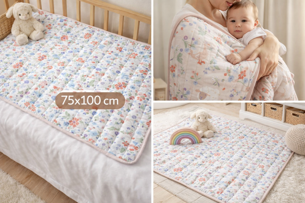 Păturică Premium pentru Bebeluși, Matlasată din Bumbac – Cute Farm, Față Dublă, 75×100 cm [5]