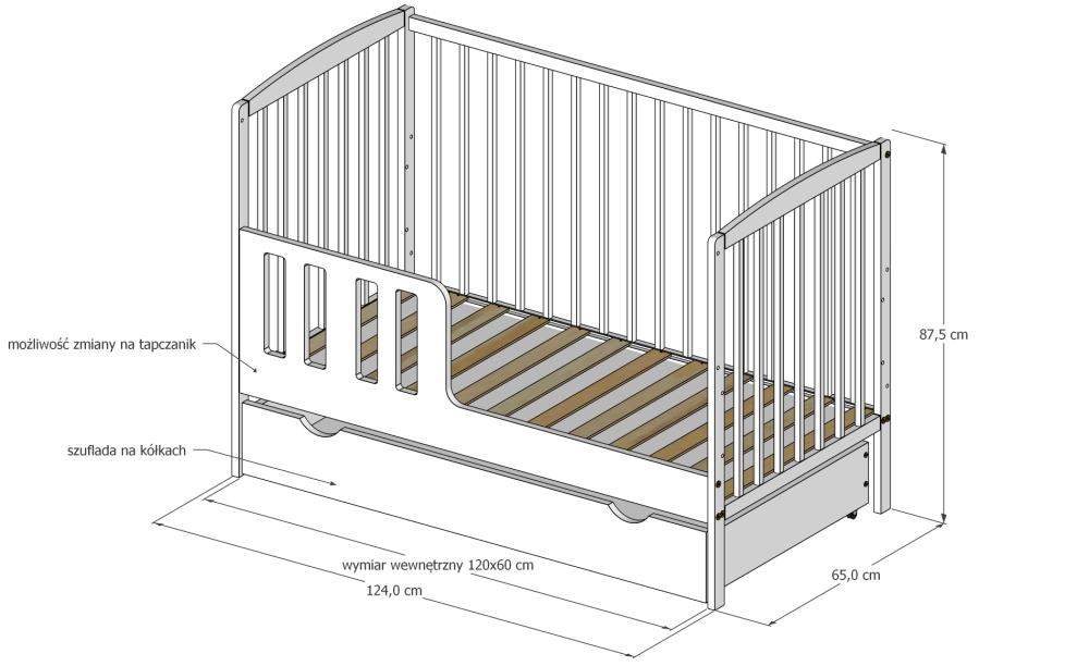 Pătuț 2 în 1 Pure alb 120x60 cm din Lemn, 3 niveluri somieră, Trepte detașabile + Barieră transformare [16]