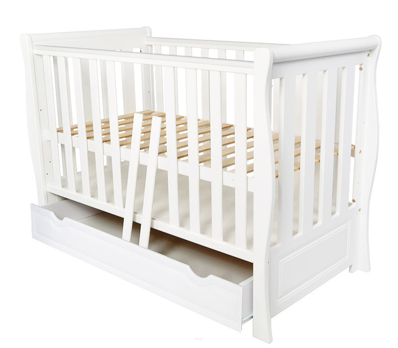 Pătuț 2 în 1 Megan alb 120x60 cm din Lemn, 3 niveluri somieră, Trepte detașabile + Barieră transformare + Sertar integrat [2]