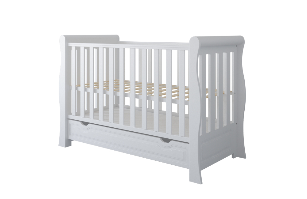 Pătuț 2 în 1 Megan alb 120x60 cm din Lemn, 3 niveluri somieră, Trepte detașabile + Barieră transformare + Sertar integrat [13]