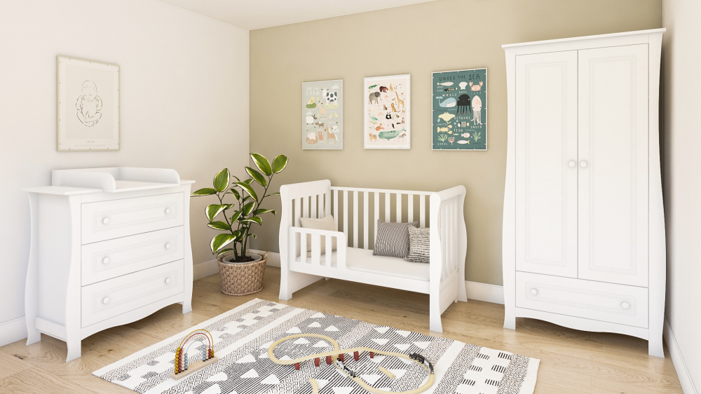 Pătuț 2 în 1 Megan alb 120x60 cm din Lemn, 3 niveluri somieră, Trepte detașabile + Barieră transformare + Sertar integrat [7]