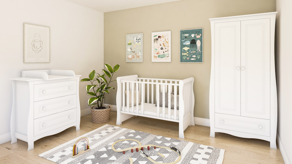 Pătuț 2 în 1 Megan alb 120x60 cm din Lemn, 3 niveluri somieră, Trepte detașabile + Barieră transformare + Sertar integrat [5]