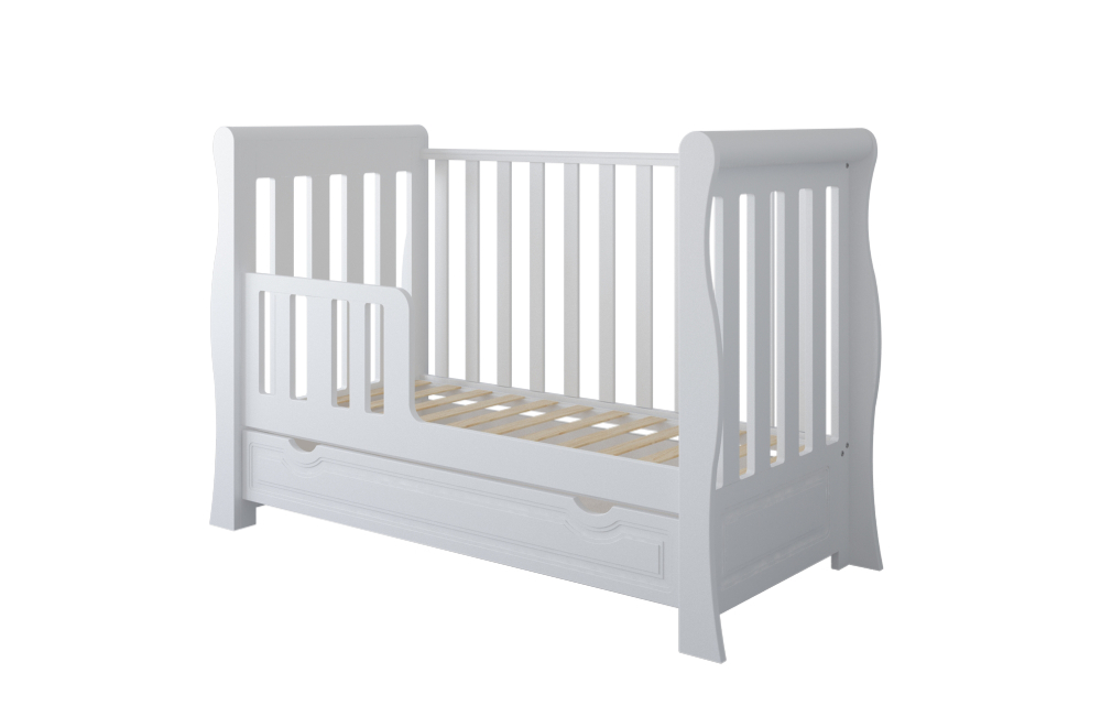 Pătuț 2 în 1 Megan alb 120x60 cm din Lemn, 3 niveluri somieră, Trepte detașabile + Barieră transformare + Sertar integrat [9]