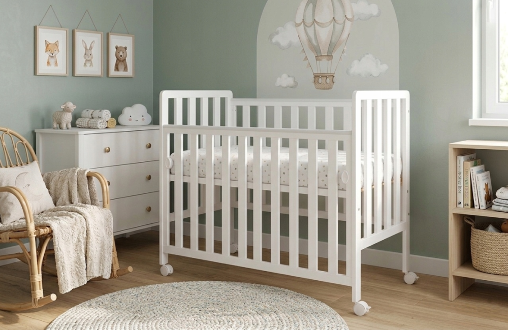 Pătuț Atașabil Co-Sleeper BAMBI 100x50cm Alb din Lemn – Laterală Culisantă, Roți cu Blocare, Somieră Reglabilă 3 Poziții | EN 716-1, Max 15kg [2]