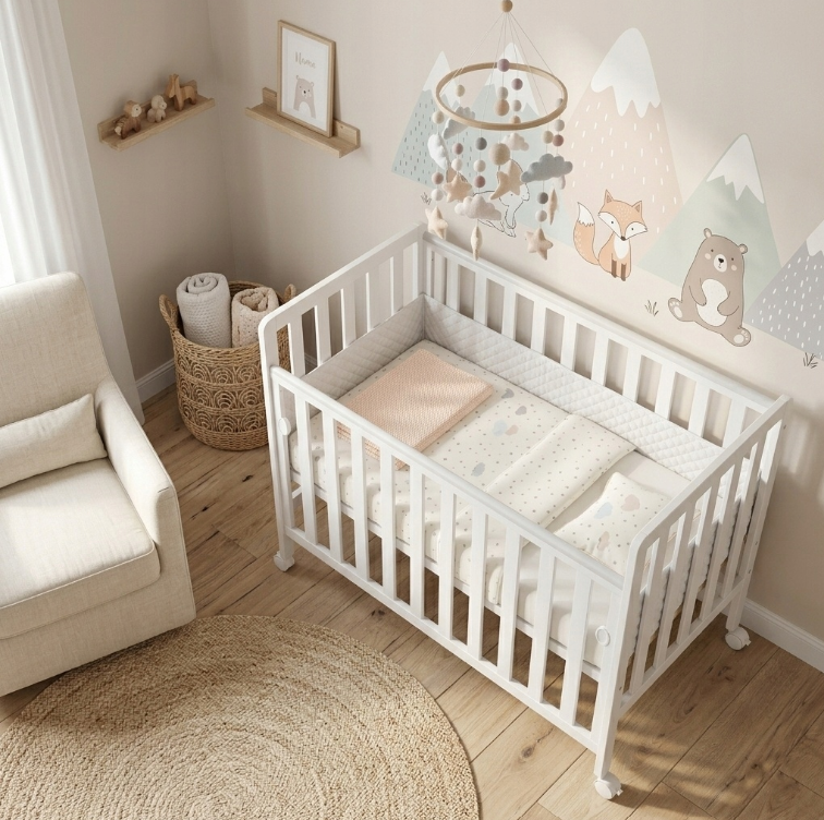 Pătuț Atașabil Co-Sleeper BAMBI 100x50cm Alb din Lemn – Laterală Culisantă, Roți cu Blocare, Somieră Reglabilă 3 Poziții | EN 716-1, Max 15kg [3]