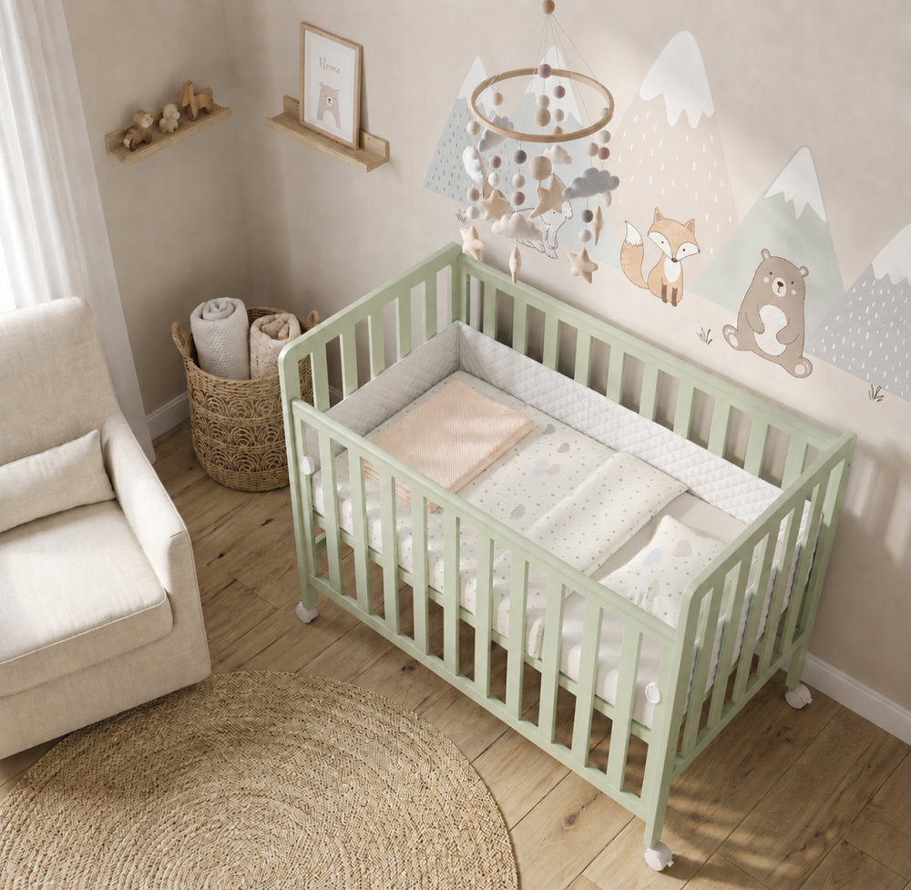 Pătuț Atașabil Co-Sleeper BAMBI 100x50cm Mint din Lemn – Laterală Culisantă, Roți cu Blocare, Somieră Reglabilă 3 Poziții | EN 716-1, Max 15kg [2]